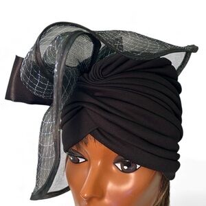 Elegant Black Turban Headpiece w/Green Sparkle Mesh Veil Elegant Statement Hat